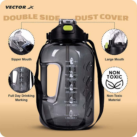 Vector X 1 Day 1 Bottle Gallon Plastic Large 3 Ltr Water Jug- with Time Marker|Non Slip Handle|Strong and Adjustable Strap|Durable Carry Handle| Reusable Gym Sports Outdoor|BPA-Free, Unbreakable, Freezer Safe (Black)