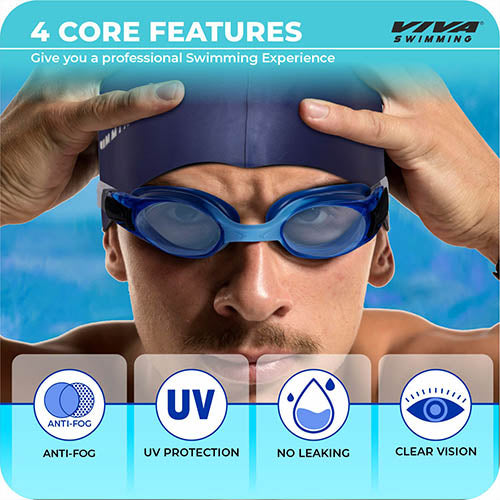 Viva Swimming Combo-704 Senior Kit- Swim Goggles, Caps and Ear plug Combo Set With Case Set- Silicone Non-Slip Material, Anti-Fog, UV Protection For Adults, Boys, Men