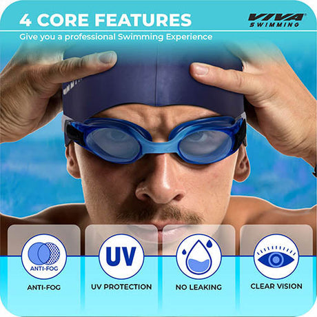 Viva Swimming Combo-704 Senior Kit- Swim Goggles, Caps and Ear plug Combo Set With Case Set- Silicone Non-Slip Material, Anti-Fog, UV Protection For Adults, Boys, Men