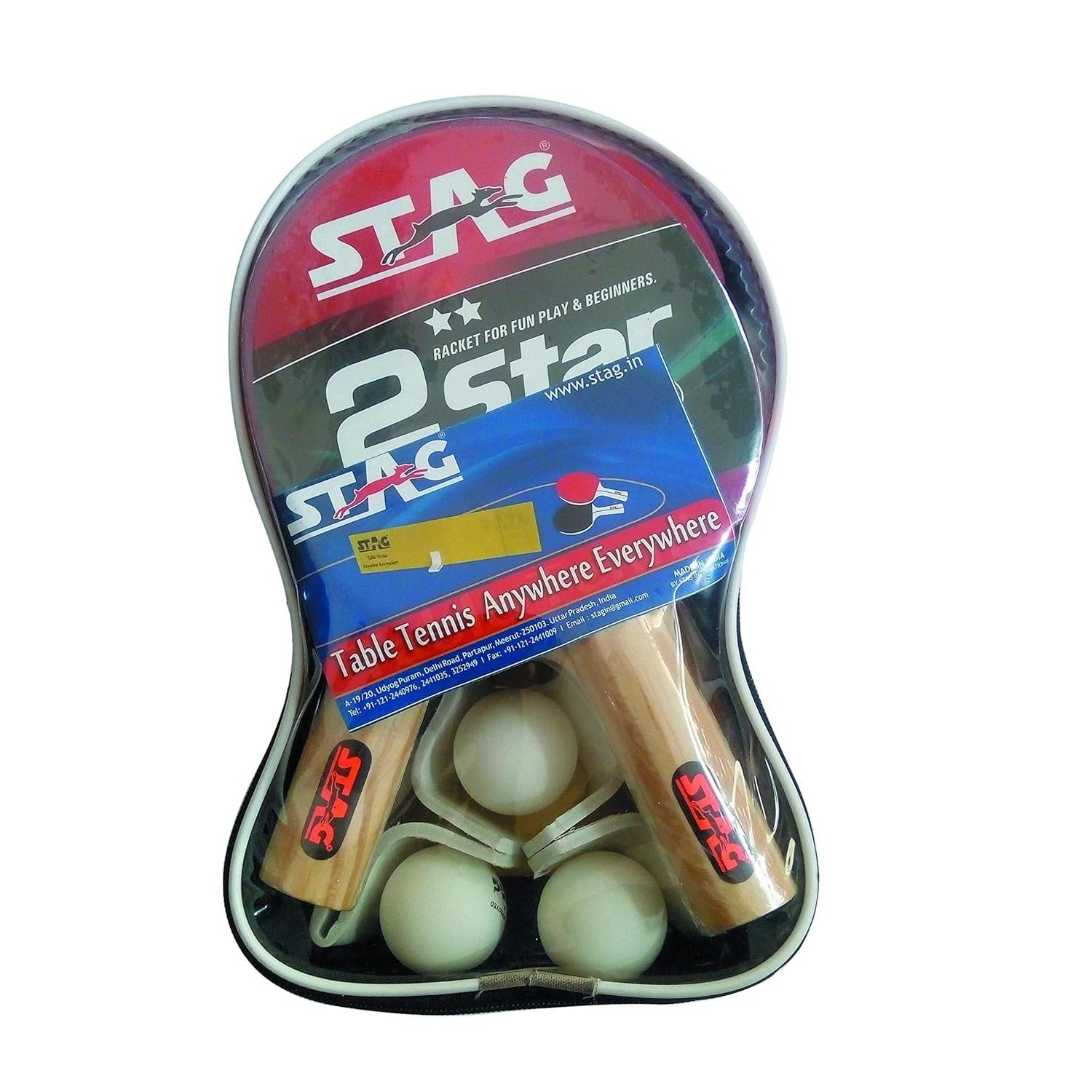 STAG GLOBAL 2 Star Anywhere Everywhere Table Tennis Playset | 4 Racquets, 3 Balls (White)