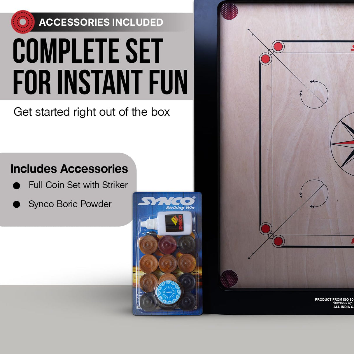 Synco 36 Inch Chakri Best Carrom Board | Pro Trainer Board for Amateurs | Includes Coins, Strikers and Boric Powder