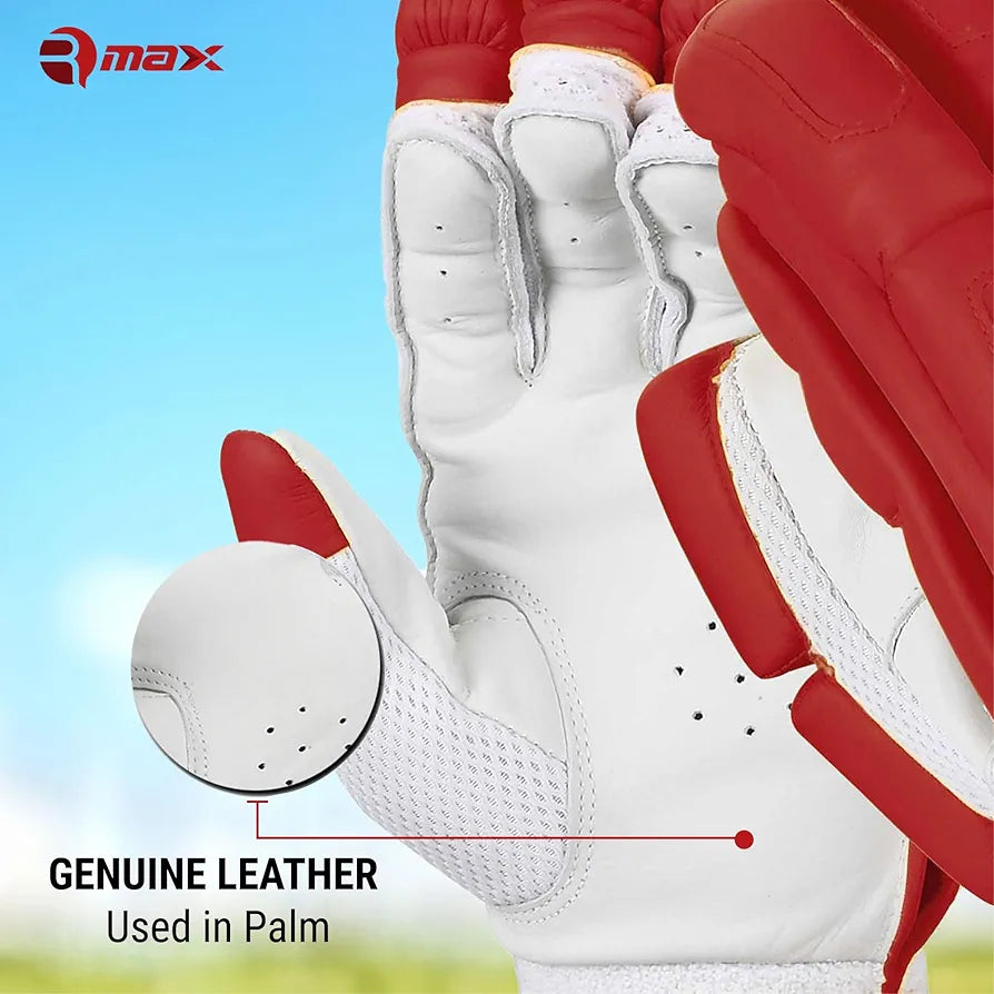 RMAX Unisex Leather & PU Cricket Batting Gloves Superior Grip, Optimum Protection, Ventilated Palm, Lightweight Design  