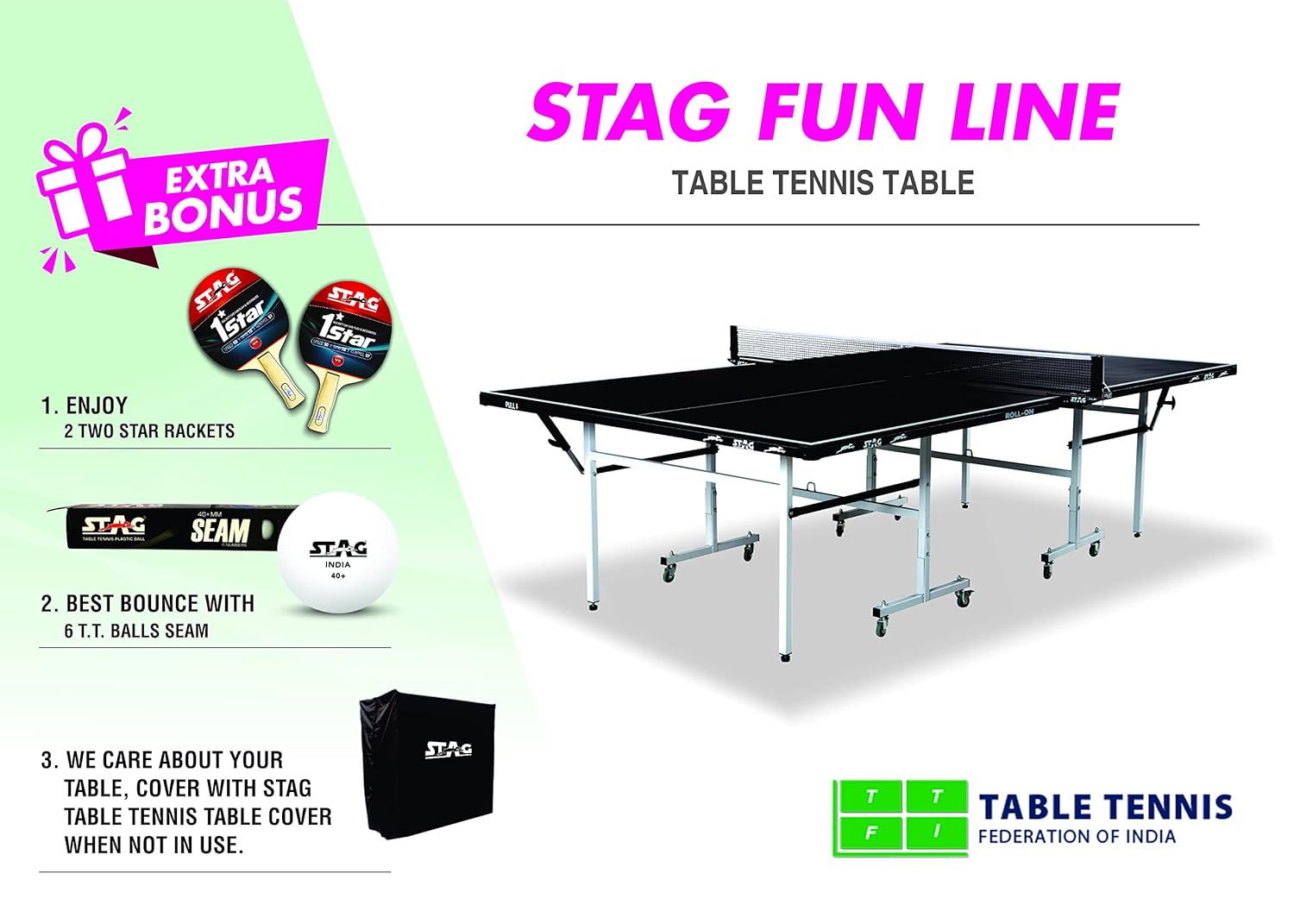 STAG GLOBAL  Fun Line Professional Table Tennis (T.T) Table – 15mm Black Table With 2 TT Rackets, 6 Balls, 1 Table Cover & Clamp Net