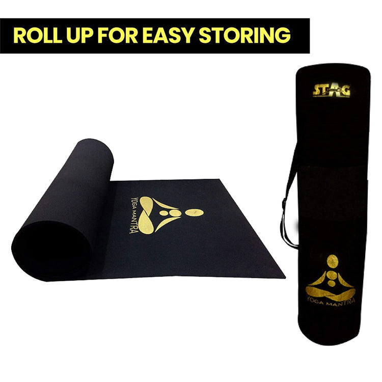STAG GLOBAL Yoga Mantra Asana Black Mat With Strap, 4MM Thickness