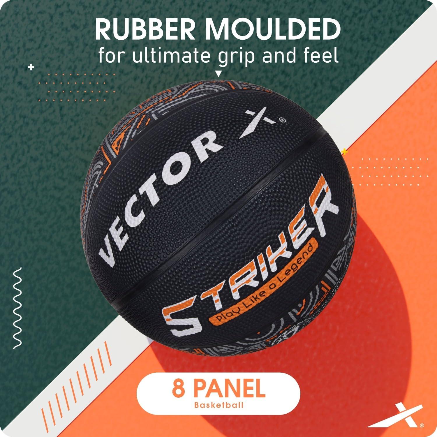 Vector X 8 Panel Striker Rubber Moulded Indoor Outdoor Game Ball with Needle, Street Basketball for Men, Adults & Youth, Official Size 7, Black/Orange Colour