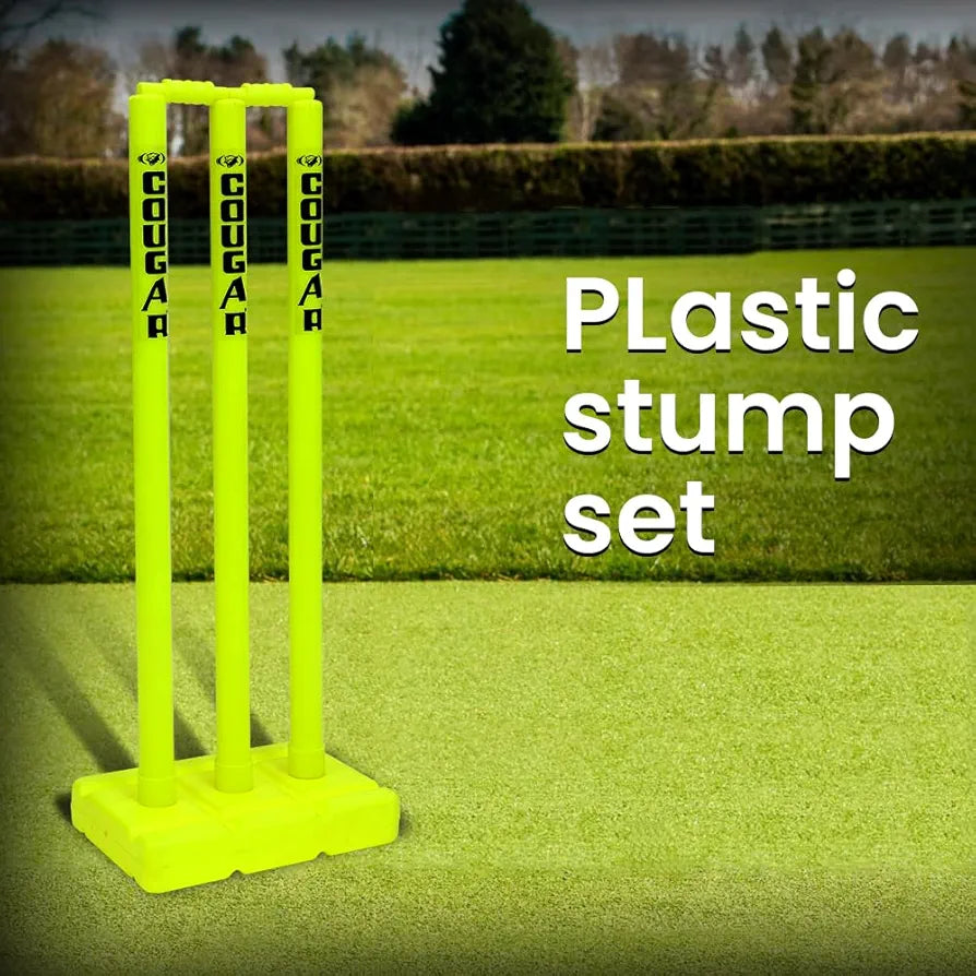COUGAR Plastic Cricket Stumps Set - 3 Stumps 2 Bails 1 Stand  Cricket Standard Wickets for Cricket Ground, Match, Tournament Stump with Stand & Bails