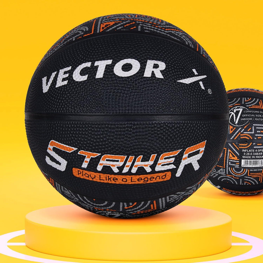Vector X 8 Panel Striker Rubber Moulded Indoor Outdoor Game Ball with Needle, Street Basketball for Men, Adults & Youth, Official Size 7, Black/Orange Colour