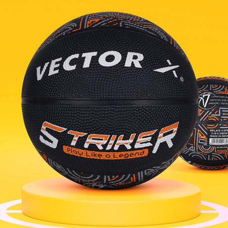 Vector X 8 Panel Striker Rubber Moulded Indoor Outdoor Game Ball with Needle, Street Basketball for Men, Adults & Youth, Official Size 7, Black/Orange Colour