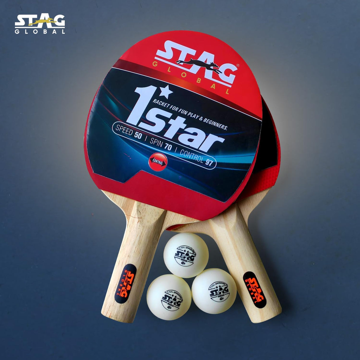STAG GLOBAL(2024 Model) 1 Star Table Tennis Playset 2 Rackets & 3 Balls (Ball Colour - White)