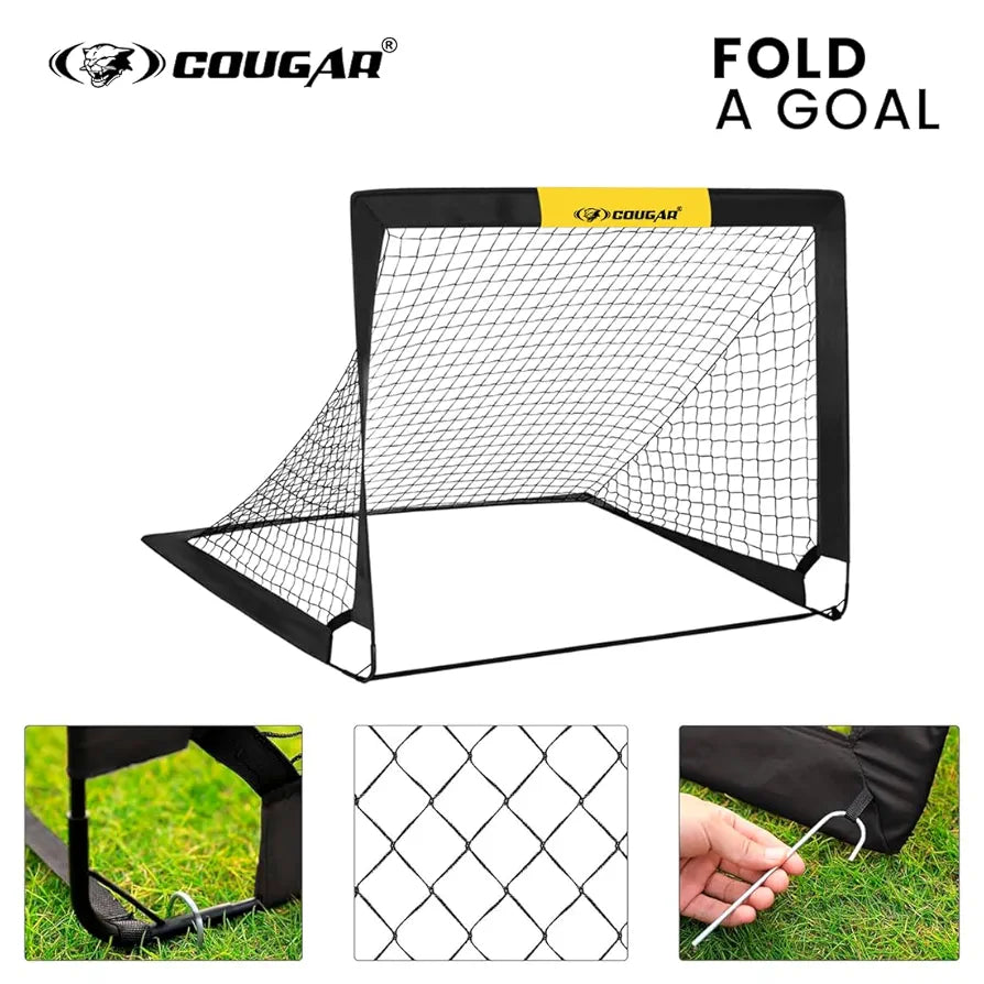 COUGAR Portable Soccer Practice Foldable Goals 4'x3' Set of 2 – Fully Collapsible & Easy Self-Assembly, Lightweight Backyard & Beach Soccer Nets with Carry Bag