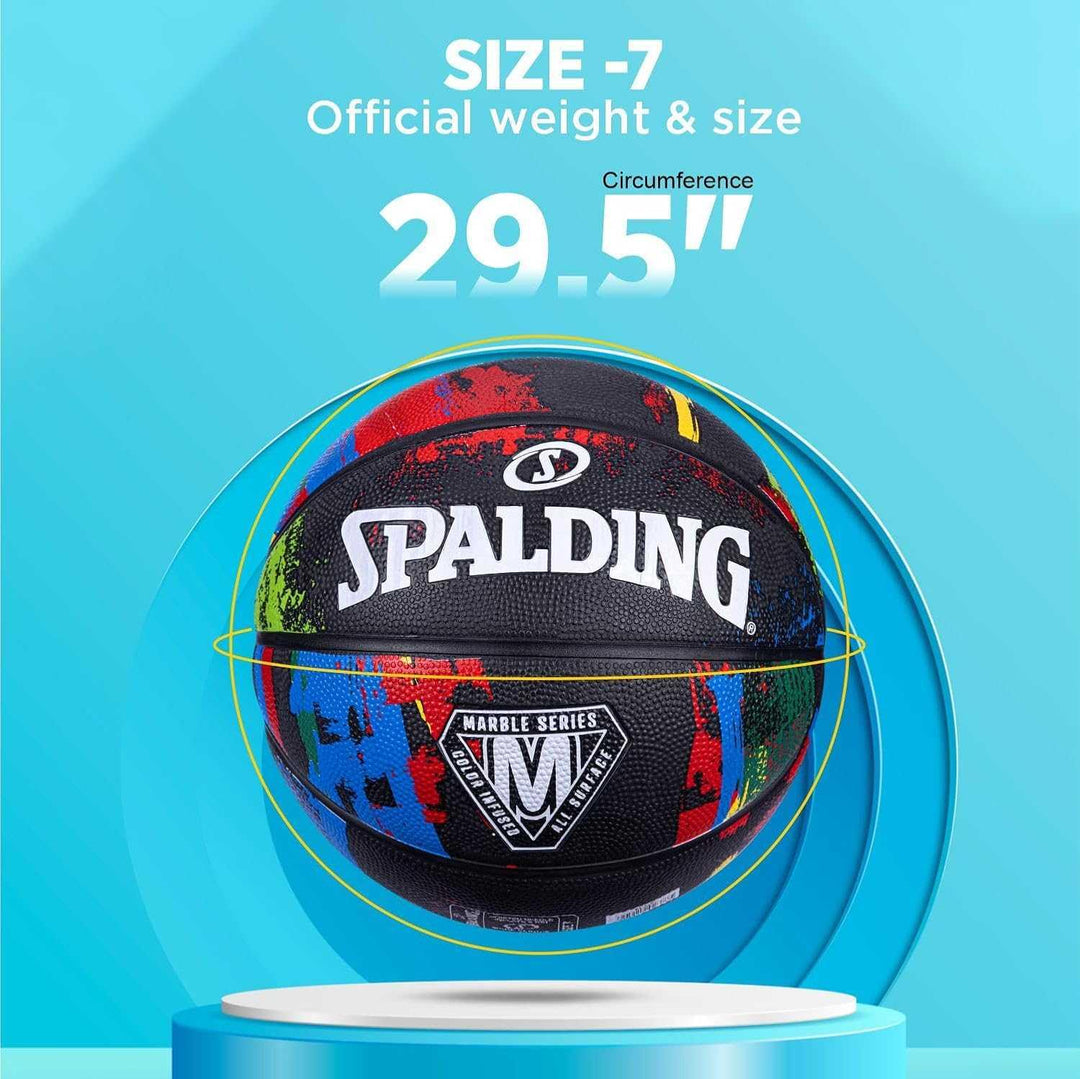 Spalding 8 Panel Marble Rubber Moulded Indoor/Outdoor Basketball with Butyl Bladder, Black, Size: 7 (Suitable for Practice/Match/Training) + Free Air Needle