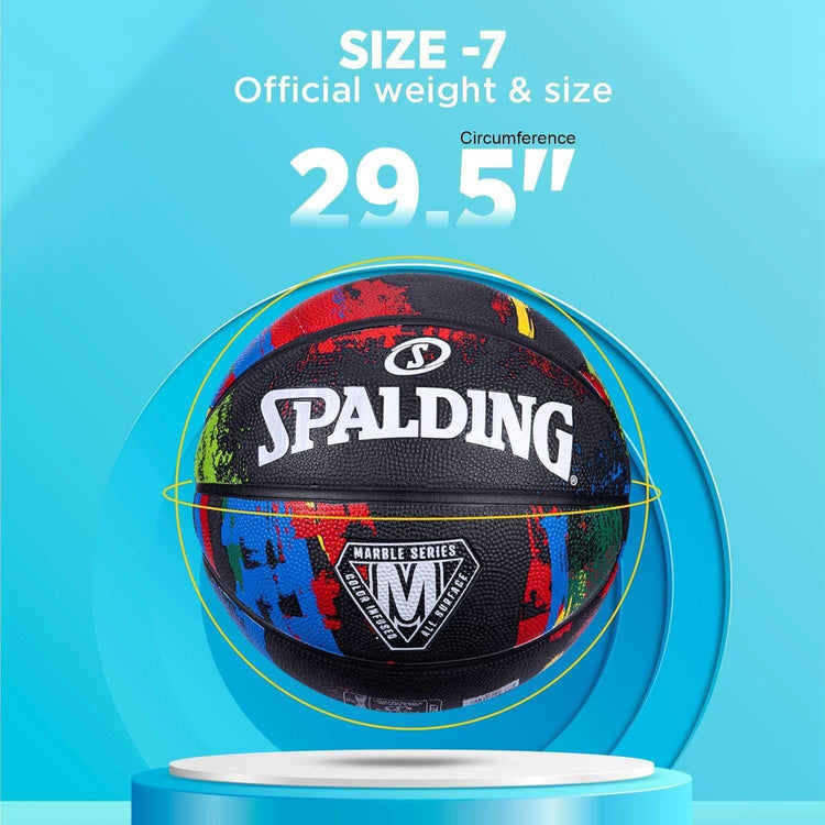 Spalding 8 Panel Marble Rubber Moulded Indoor/Outdoor Basketball with Butyl Bladder, Black, Size: 7 (Suitable for Practice/Match/Training) + Free Air Needle