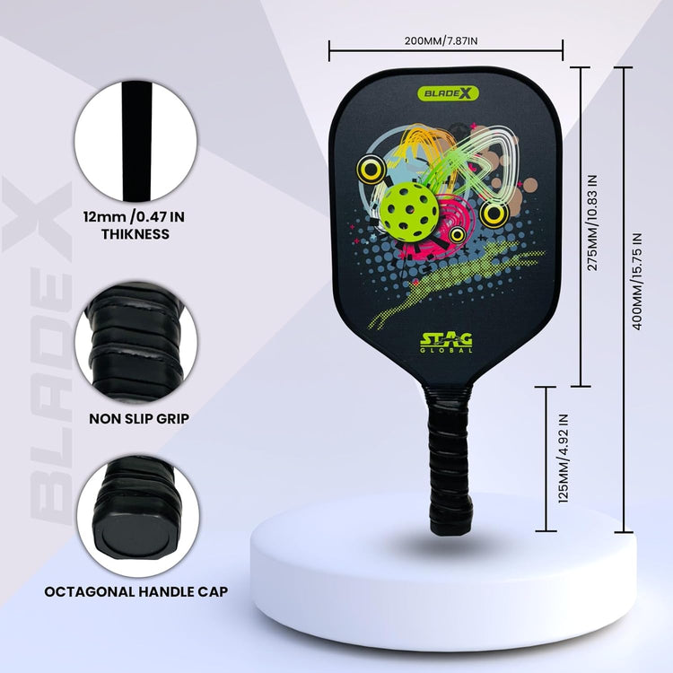 STAG GLOBAL Blade X Fiber Glass Pickleball Bat 12 mm– Lightweight,  Non-Slip Grip & Protective Case