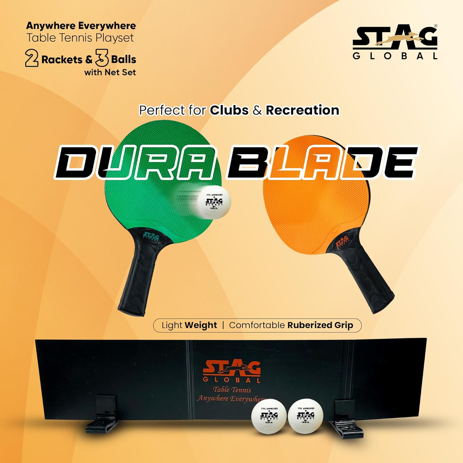STAG GLOBAL Anywhere Everywhere Dura Blade Table Tennis Playset, 2 TT Rackets with Rubberized Grip, 3 Balls and Net Set