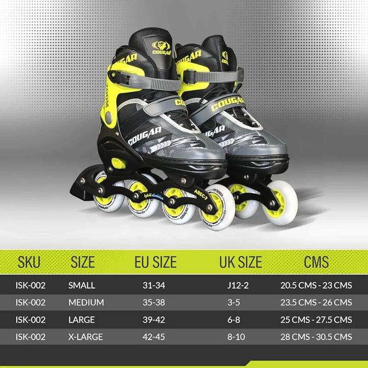 COUGAR Zoom ABEC-7 Inline Skates | Adjustable Sizes XL  | 4 PU Wheels , Aluminium Frame, Cuff Buckle, Lace Crossover | Superior Grip Skates for Men, Women & Teens 