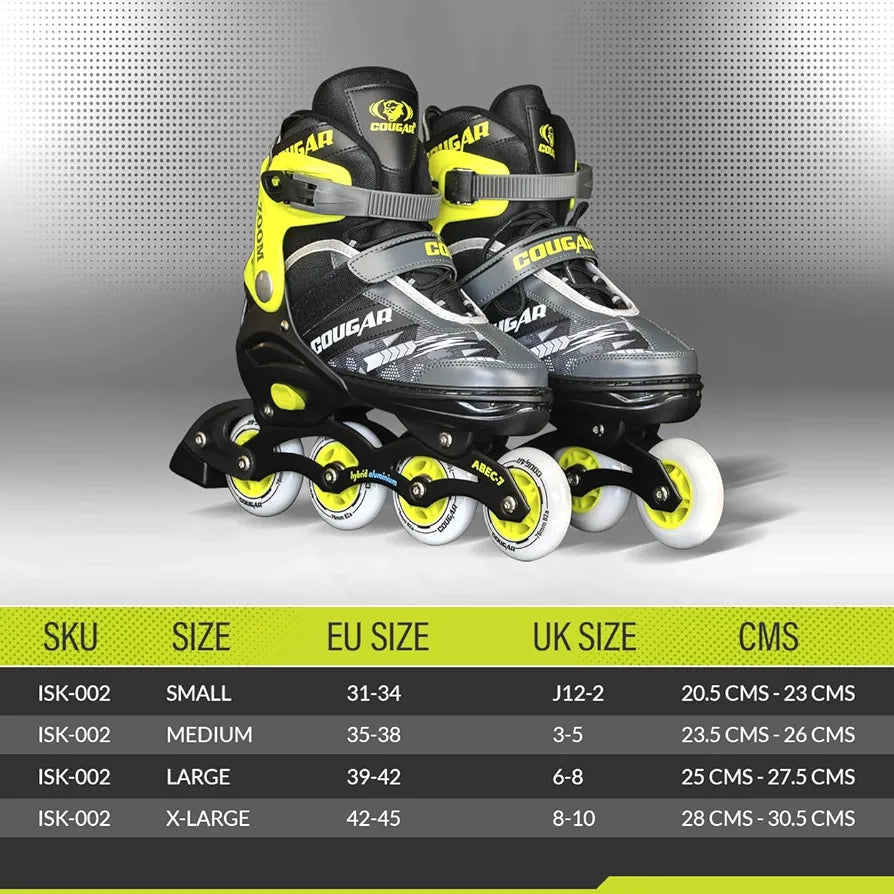 COUGAR Zoom ABEC-7 Inline Skates | Adjustable Sizes XL  | 4 PU Wheels , Aluminium Frame, Cuff Buckle, Lace Crossover | Superior Grip Skates for Men, Women & Teens 