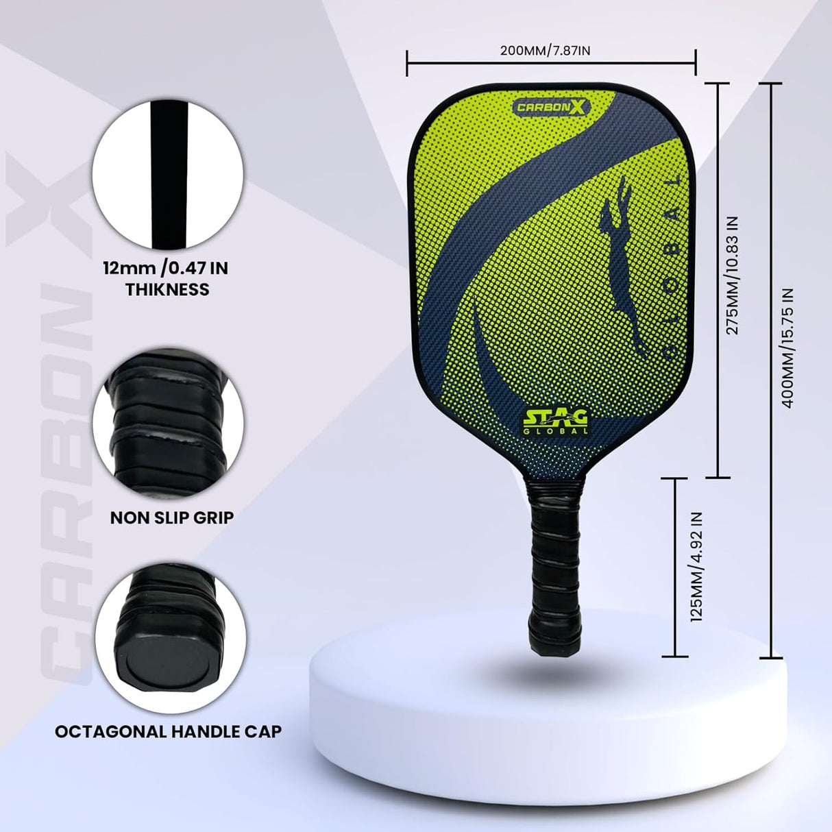 STAG GLOBAL Carbon X Pickleball Bat with 3 Balls and Cover |  12mm Pickleball Paddle