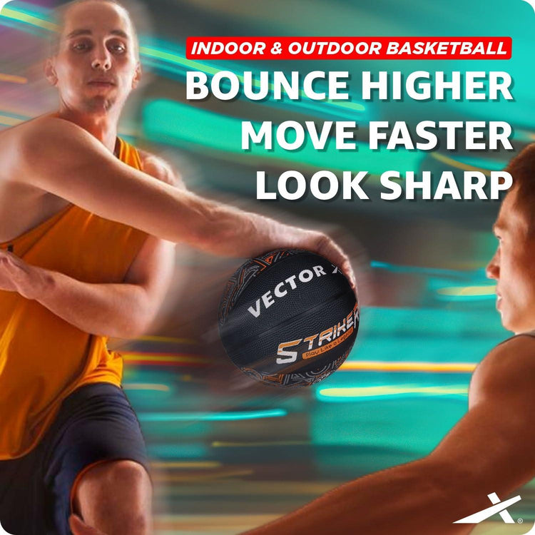 Vector X 8 Panel Striker Rubber Moulded Indoor Outdoor Game Ball with Needle, Street Basketball for Men, Adults & Youth, Official Size 7, Black/Orange Colour