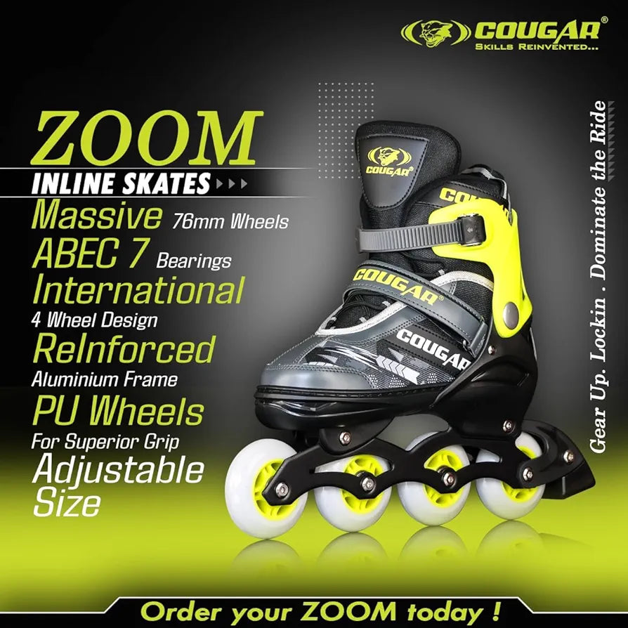 COUGAR Zoom ABEC-7 Inline Skates | Adjustable Sizes XL  | 4 PU Wheels , Aluminium Frame, Cuff Buckle, Lace Crossover | Superior Grip Skates for Men, Women & Teens 