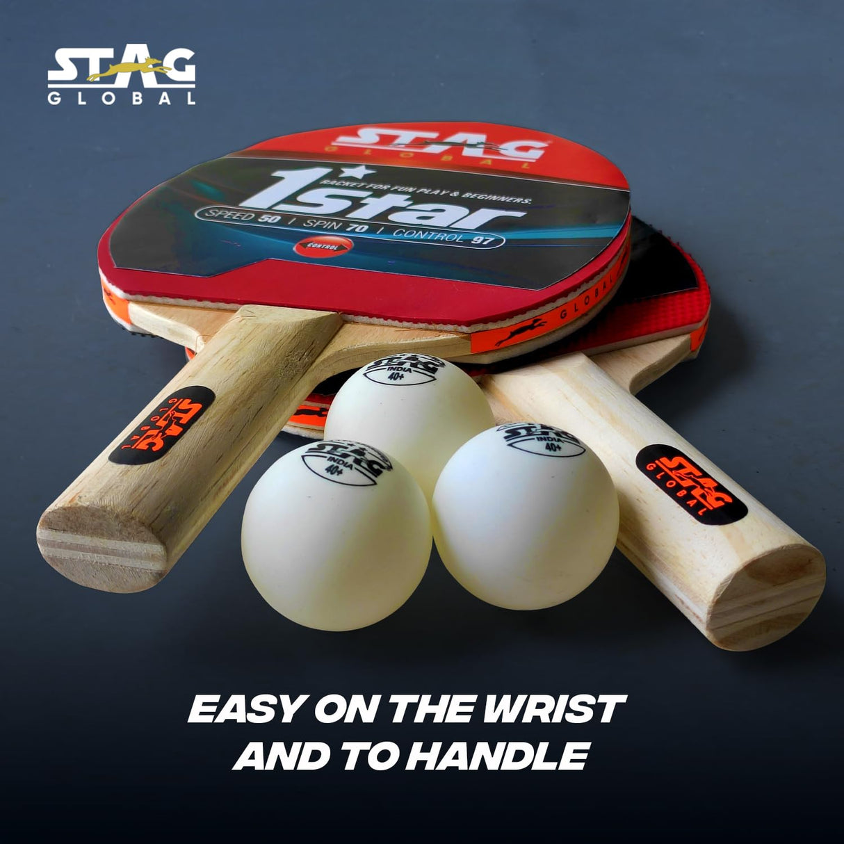 STAG GLOBAL(2024 Model) 1 Star Table Tennis Playset 2 Rackets & 3 Balls (Ball Colour - White)