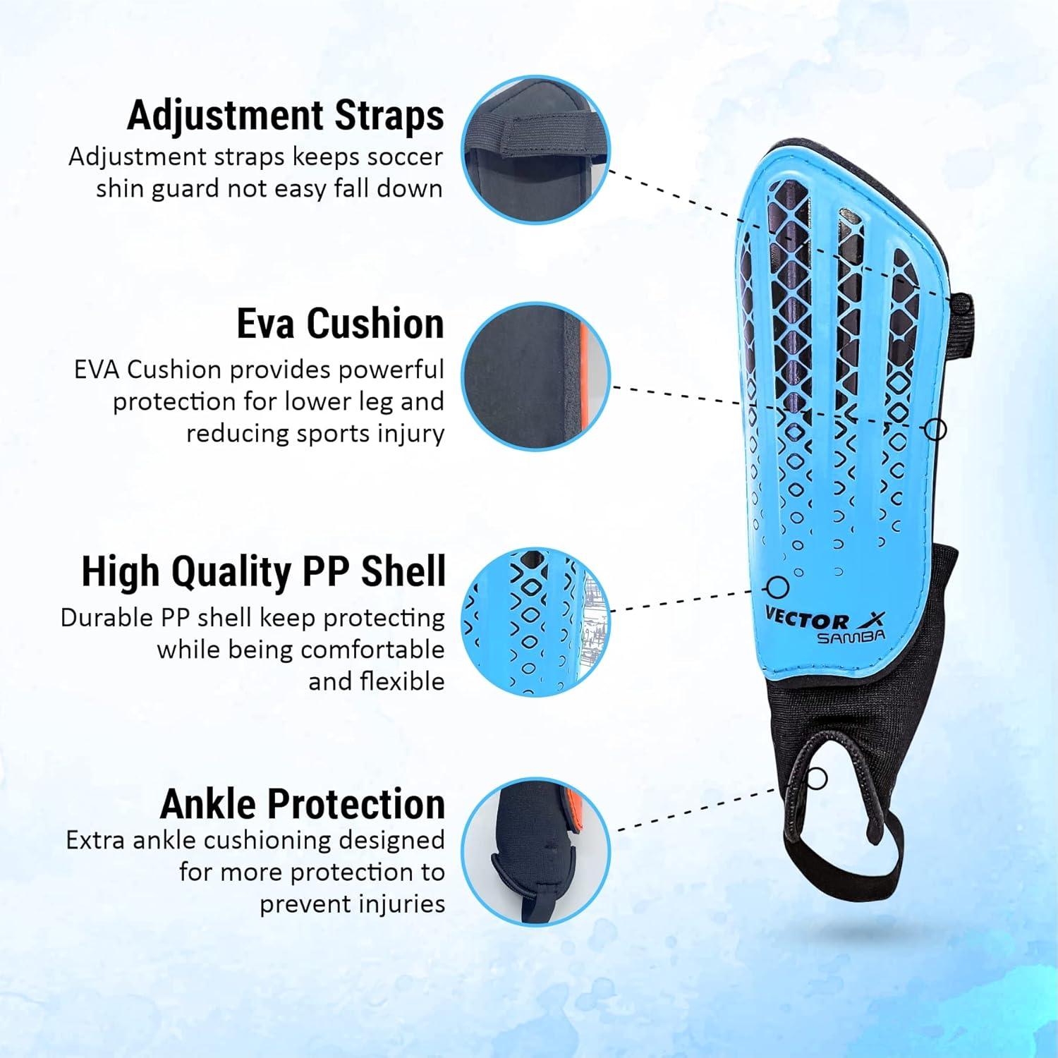 Vector X Samba Shinguard with Ankle Adjustable | Training and Practice | for Girls and Boys | (Senior, Blue-Black)