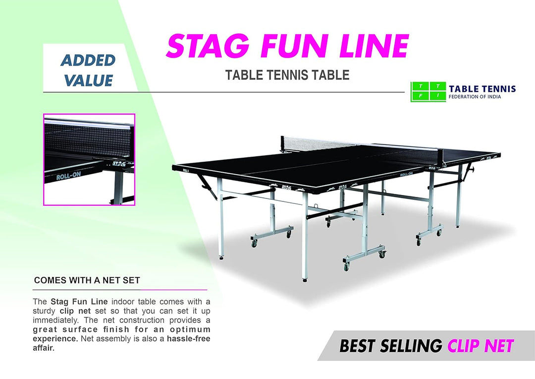 STAG GLOBAL  Fun Line Professional Table Tennis (T.T) Table – 15mm Black Table With 2 TT Rackets, 6 Balls, 1 Table Cover & Clamp Net