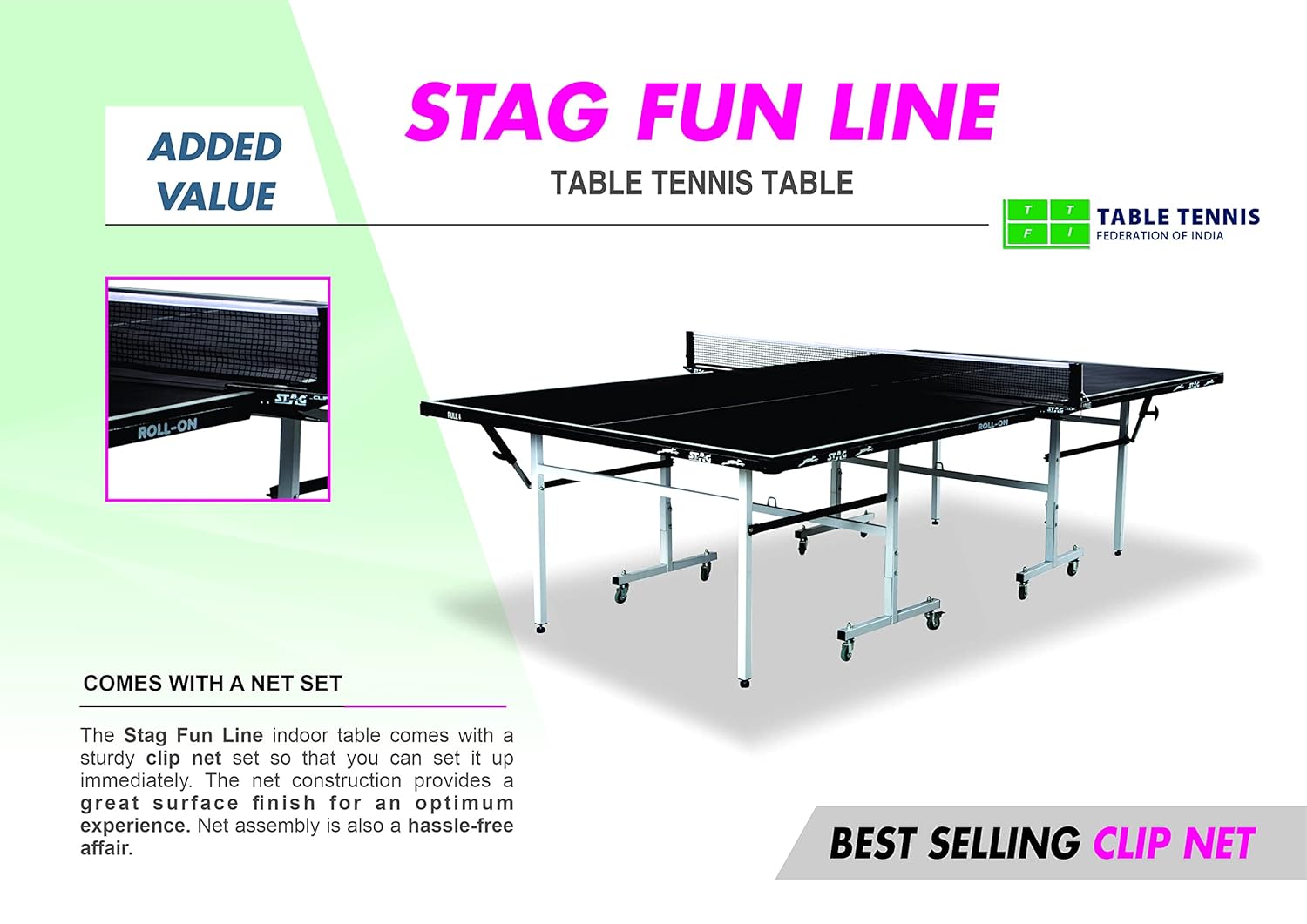 STAG GLOBAL  Fun Line Professional Table Tennis (T.T) Table – 15mm Black Table With 2 TT Rackets, 6 Balls, 1 Table Cover & Clamp Net