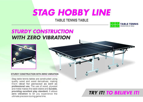 STAG GLOBAL Hobby Line 19mm Full-Size Table Tennis Table with 2 TT Rackets, 6 Balls, 1 Table Cover & Clamp Net