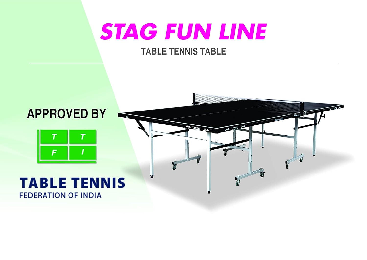 STAG GLOBAL  Fun Line Professional Table Tennis (T.T) Table – 15mm Black Table With 2 TT Rackets, 6 Balls, 1 Table Cover & Clamp Net
