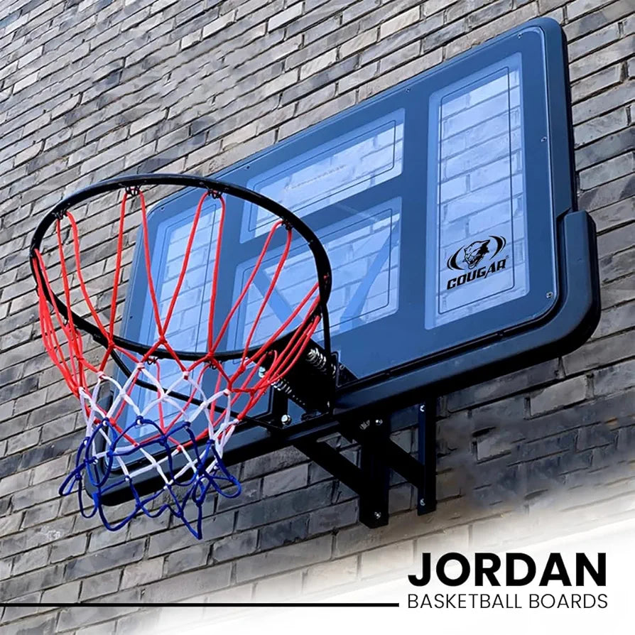 COUGAR Jordan Basketball Backboard 110x75 cm | Wall Mount Shatterproof Acrylic Board with 16mm Steel Ring 45 cm Dia and Net for Outdoor Court Practice and Home Use