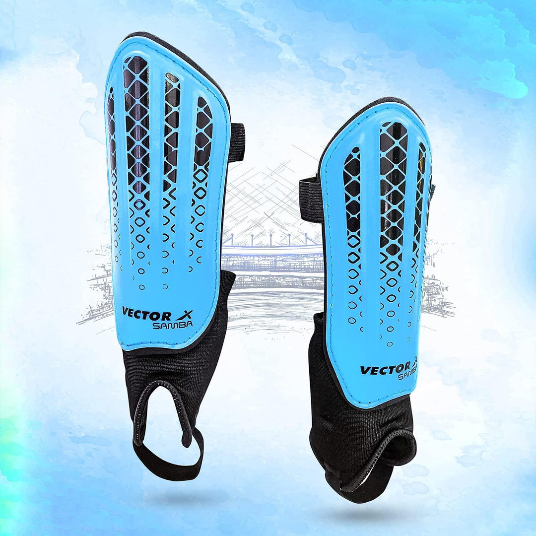Vector X Samba Shinguard with Ankle Adjustable | Training and Practice | for Girls and Boys | (Senior, Blue-Black)