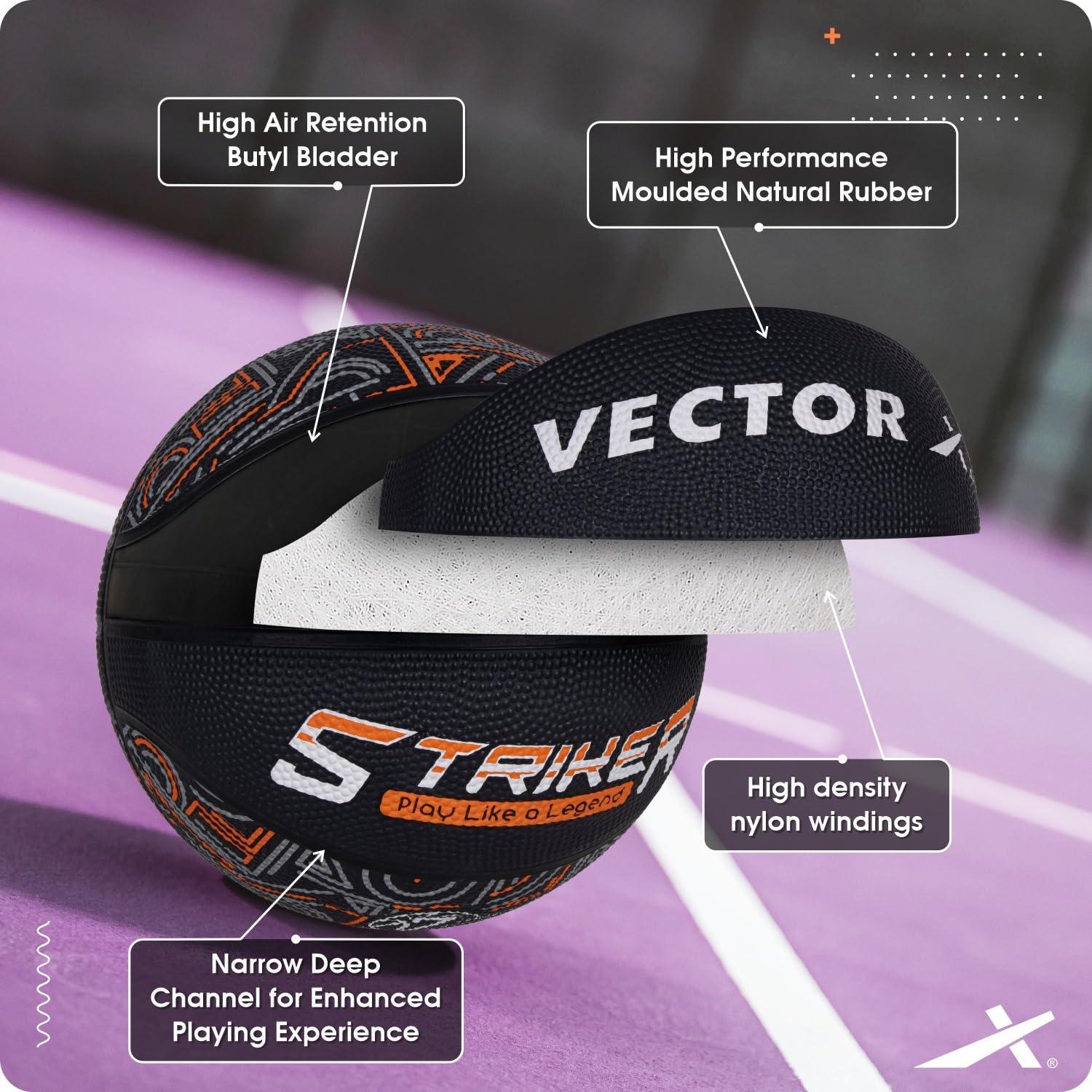 Vector X 8 Panel Striker Rubber Moulded Indoor Outdoor Game Ball with Needle, Street Basketball for Men, Adults & Youth, Official Size 7, Black/Orange Colour