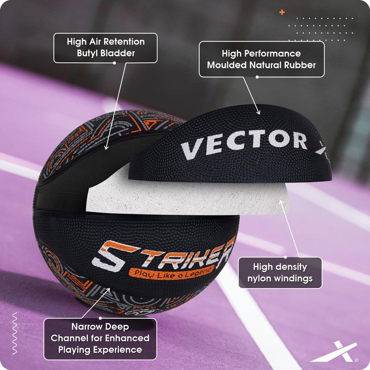 Vector X 8 Panel Striker Rubber Moulded Indoor Outdoor Game Ball with Needle, Street Basketball for Men, Adults & Youth, Official Size 7, Black/Orange Colour