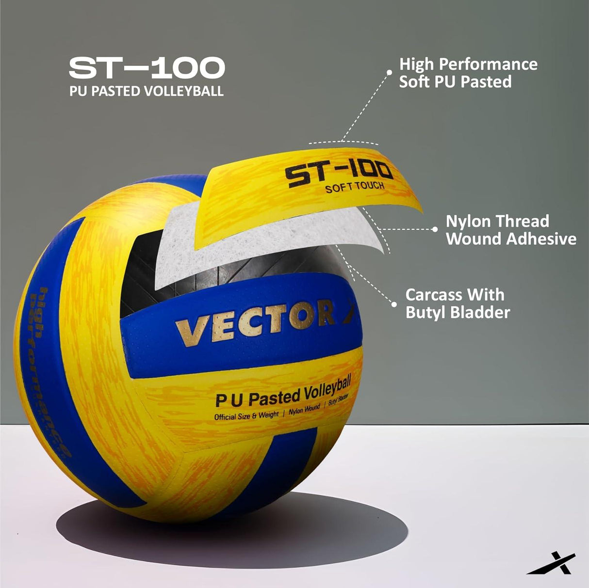 Vector X ST-100 Soft Touch PU Rubber Pasted 18 Panel Volleyball (Size-4)