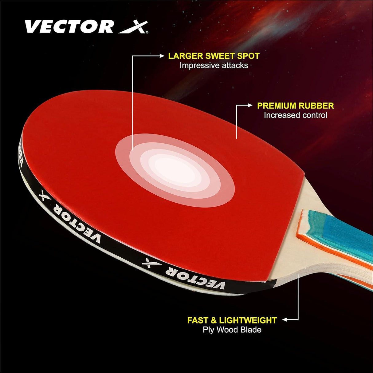 VECTOR X Wooden TT Set Red, Black Table Tennis Racquet Set Multicolor Table Tennis Racquet (Pack of: 2, 190 g)
