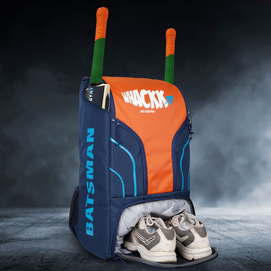 Batsman Navy Orange Cricket Kit Bag Backpack |Juniour & Youth Kitbag |Player Edition 2 Bat Pockets Shoe Pocket |Big Main Comp. Fits 15.5 inch Leg Pad|2 Bottle Holders