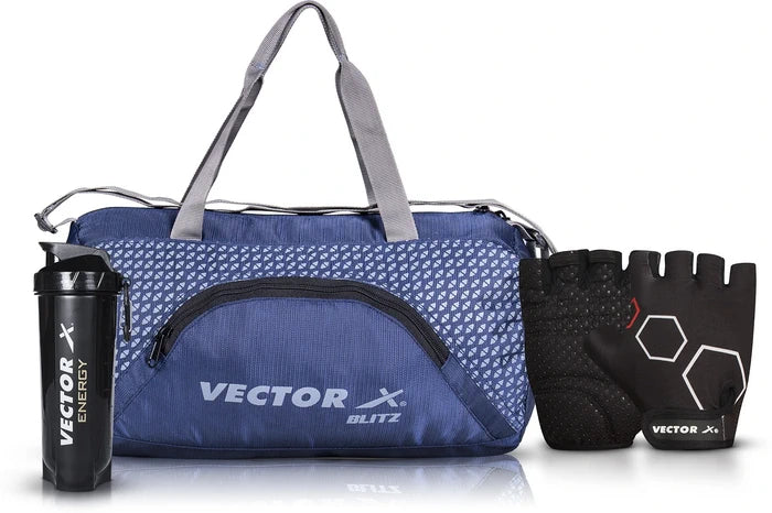 Vector X Blitz Gym Bag Combo for Men ll Gym Bag with Shoe Compartment and, Black Bottle, Black Wristband, Black Gloves ll Gym Bag & Fitness Kit & Gym Bag Combo