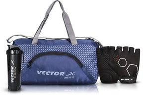 Vector X Blitz Gym Bag Combo for Men ll Gym Bag with Shoe Compartment and, Black Bottle, Black Wristband, Black Gloves ll Gym Bag & Fitness Kit & Gym Bag Combo