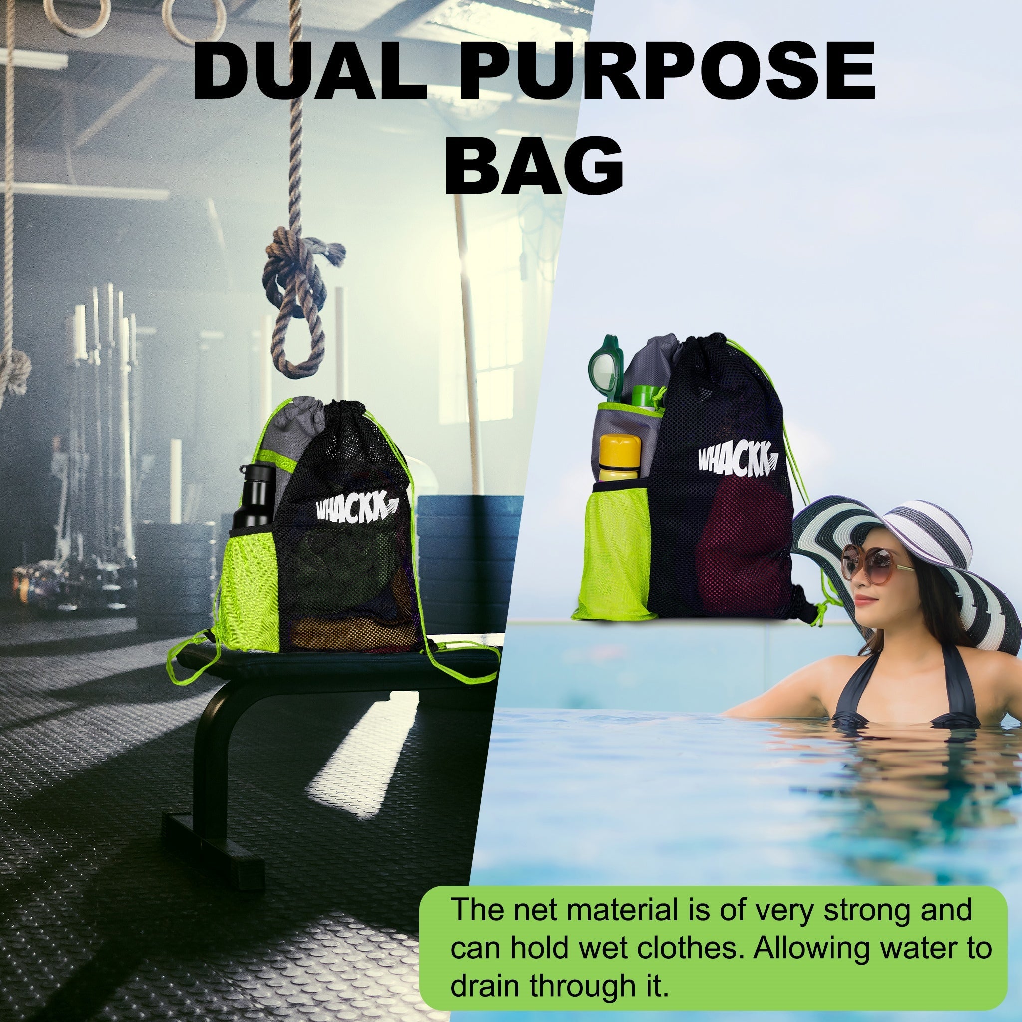 Joss Green 9L|Sports Bag|Swimming Equipment Bags|Netball Bags|Dry Bags|Drawstring Bag for Shoes & Clothes|Sports Gear|Accessory Pocket |Gym Bag |Tuition Bag|1 Bottle Holder