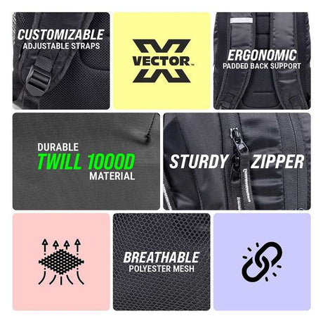 Vector X 3 in 1 Sports and Outdoor Camping Bag for Office, Travel Backpack & Duffel Shoulder Bag with Racket Pocket|Lightweight Tennis Squash Equipment Kit Bag|Air Ventilated Pocket for Wet Clothes