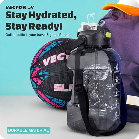 Vector X 1 Day 1 Bottle Gallon Plastic Large 3 Ltr Water Jug- with Time Marker|Non Slip Handle|Strong and Adjustable Strap|Durable Carry Handle| Reusable Gym Sports Outdoor|BPA-Free, Unbreakable, Freezer Safe (Black)