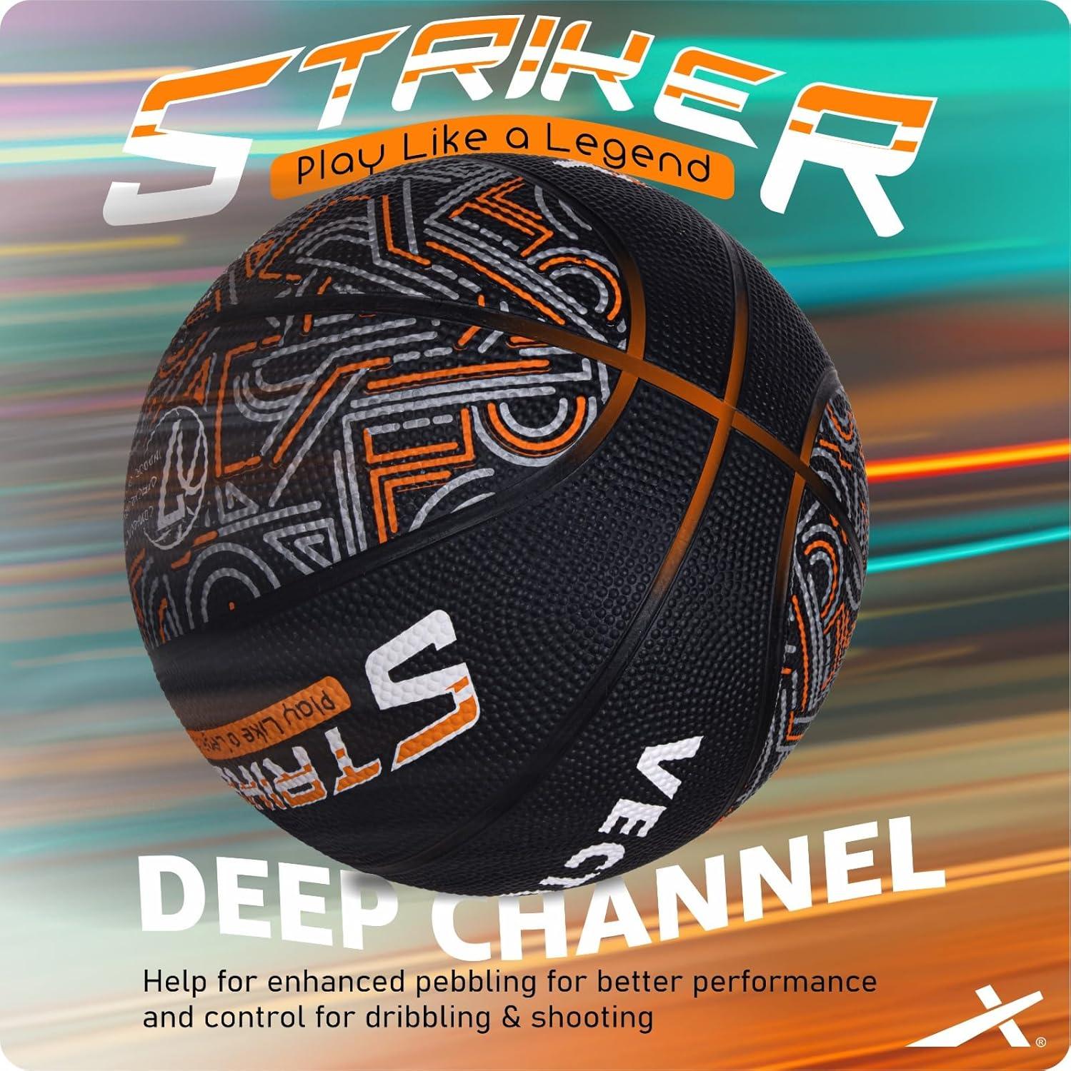Vector X 8 Panel Striker Rubber Moulded Indoor Outdoor Game Ball with Needle, Street Basketball for Men, Adults & Youth, Official Size 7, Black/Orange Colour