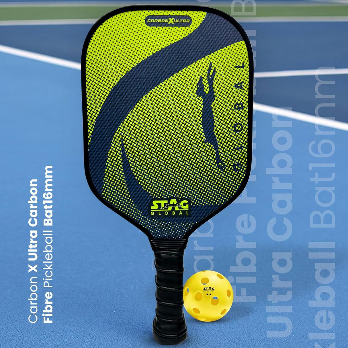 STAG GLOBAL Carbon X Ultra Pickleball Bat | 16mm Pickleball Paddle |   Vegan Leather Case With 3 Outdoor Pickle Balls