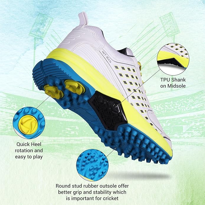 Aivin Hit-Man CRICKET SHOES for MEN, SPORTS SHOES,Rubber Stud Outsole with Mesh, CRICKET SHOES,Advanced Durable and Flexible EVA, White/Yellow