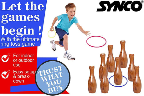 Synco Wooden Lawn Bowling & Ring Toss Game for Kids and Adults | 2-in-1 Game Set