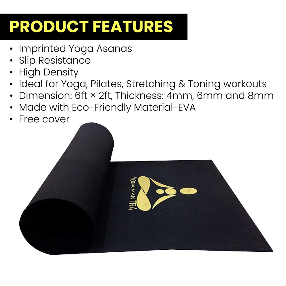 STAG GLOBAL Yoga Mantra Asana Black Mat With Strap, 4MM Thickness