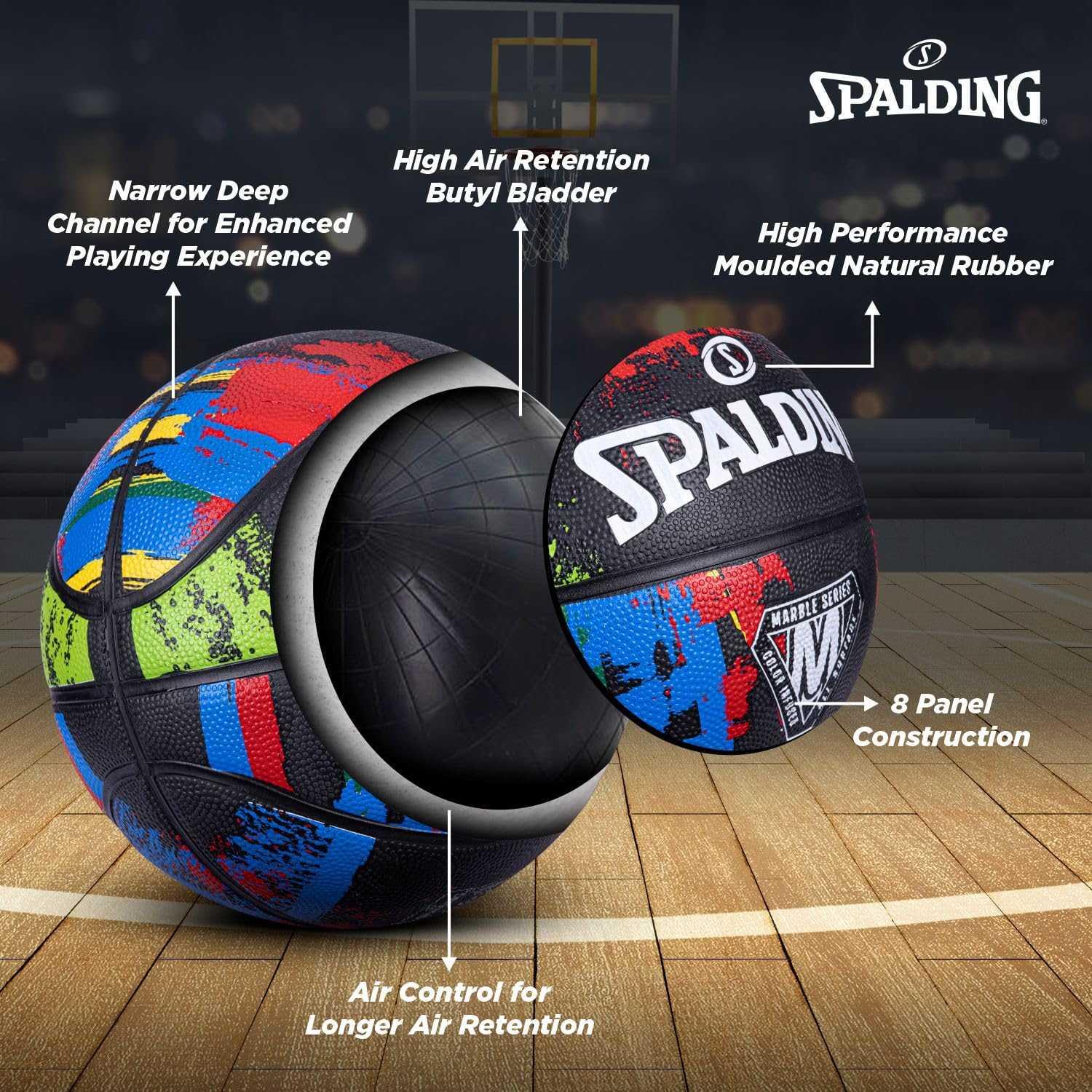 Spalding 8 Panel Marble Rubber Moulded Indoor/Outdoor Basketball with Butyl Bladder, Black, Size: 7 (Suitable for Practice/Match/Training) + Free Air Needle