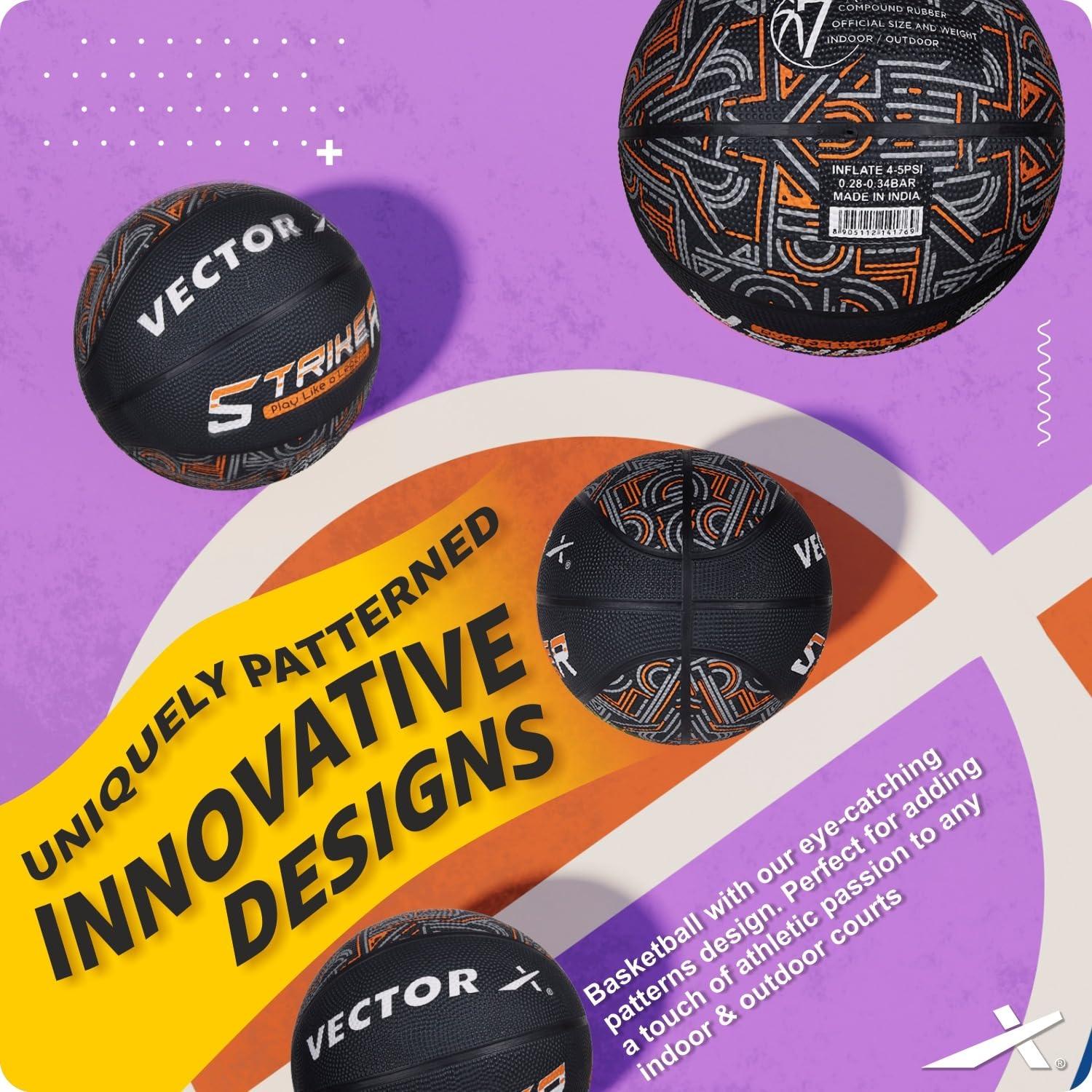 Vector X 8 Panel Striker Rubber Moulded Indoor Outdoor Game Ball with Needle, Street Basketball for Men, Adults & Youth, Official Size 7, Black/Orange Colour