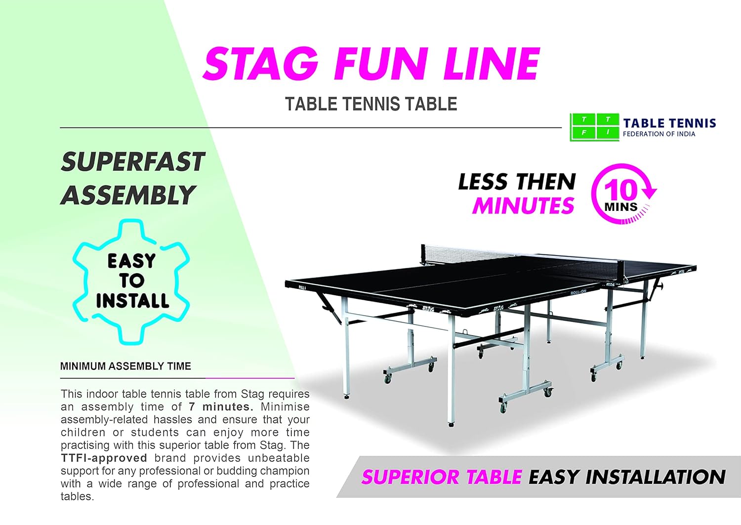 STAG GLOBAL  Fun Line Professional Table Tennis (T.T) Table – 15mm Black Table With 2 TT Rackets, 6 Balls, 1 Table Cover & Clamp Net