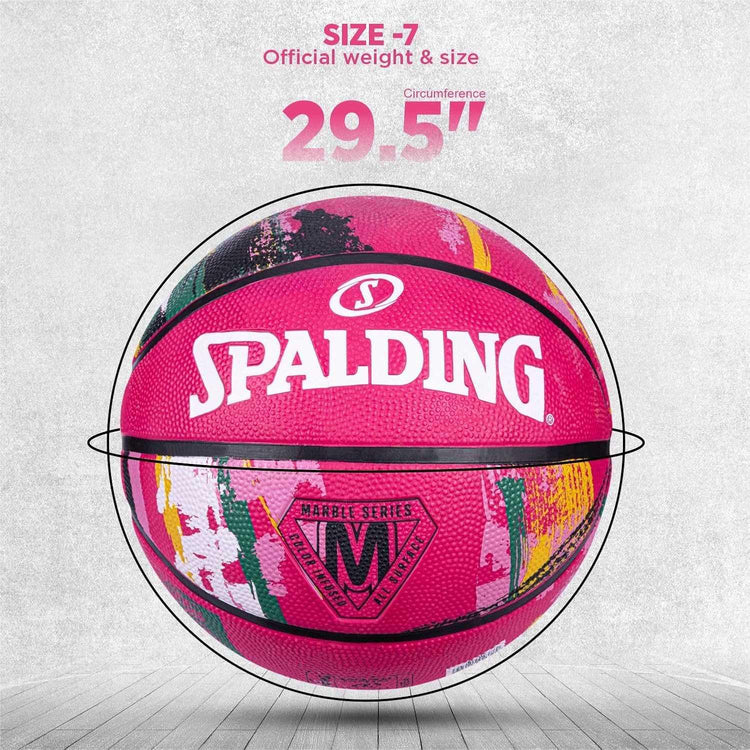 Spalding 8 Panel Marble Rubber Moulded Indoor/Outdoor Basketball with Butyl Bladder, Black, Size: 7 (Suitable for Practice/Match/Training) + Free Air Needle